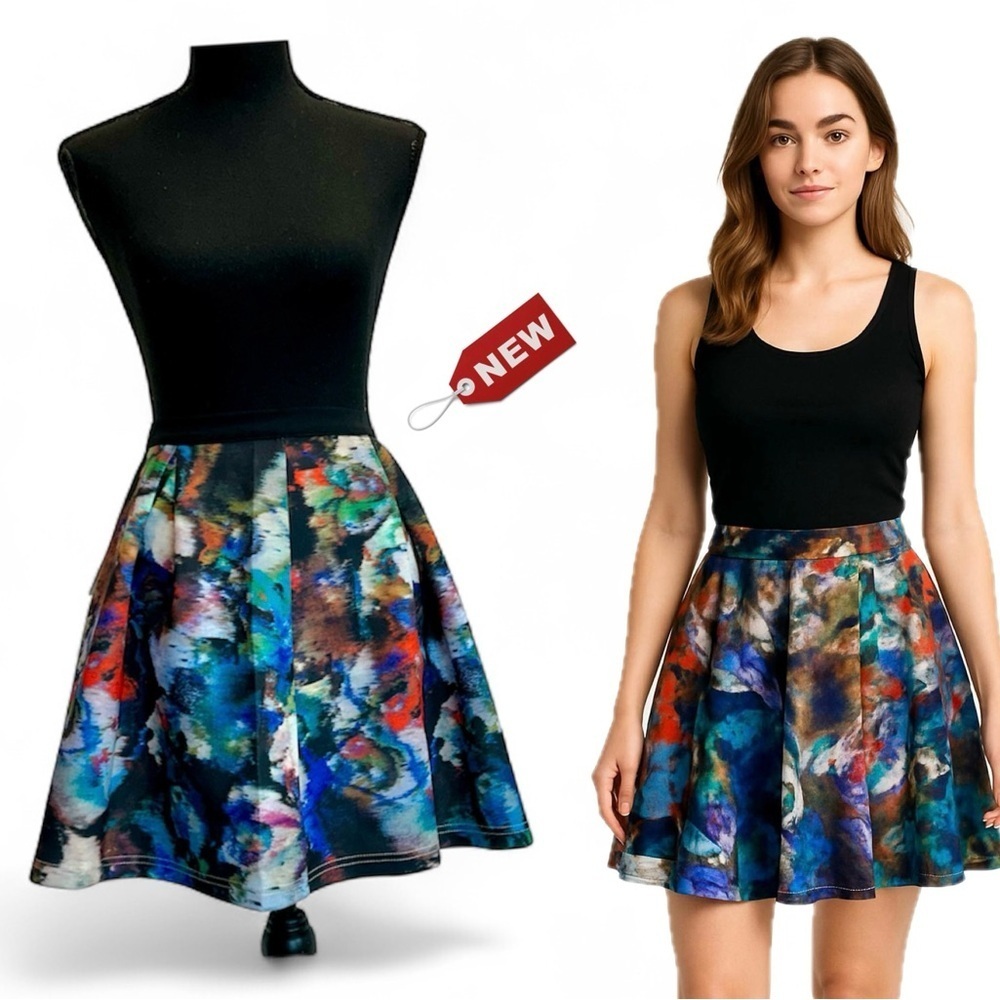WYLDR multicoloured Watercolor Print pleated Mini skater circle Sz L NWT